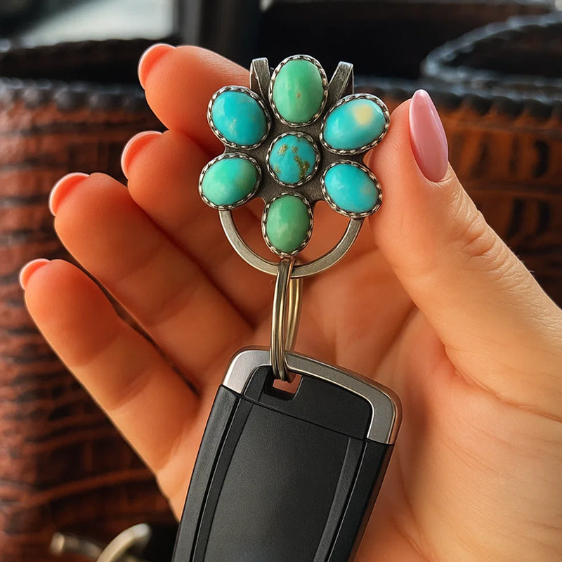 🌼 Türkisfarbener Blumen-Taschenclip-Schlüsselanhänger